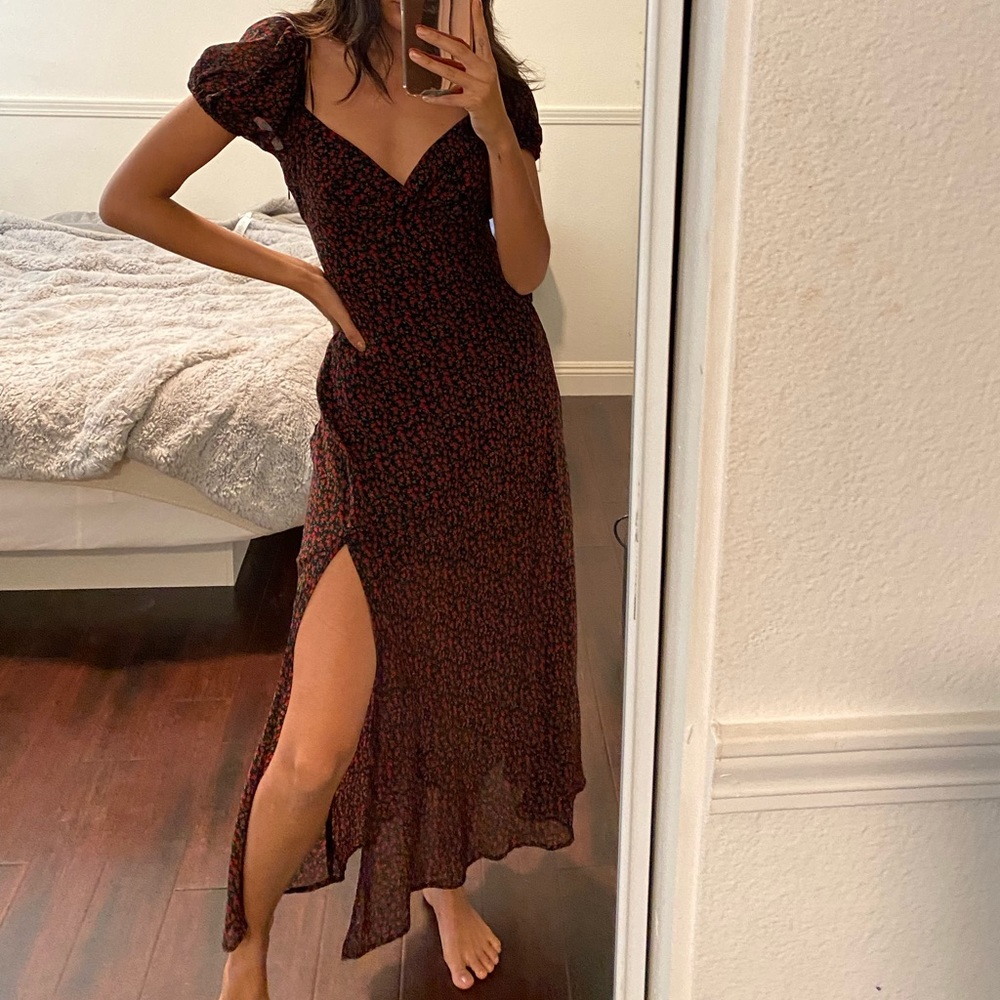 Black floral long slit dress